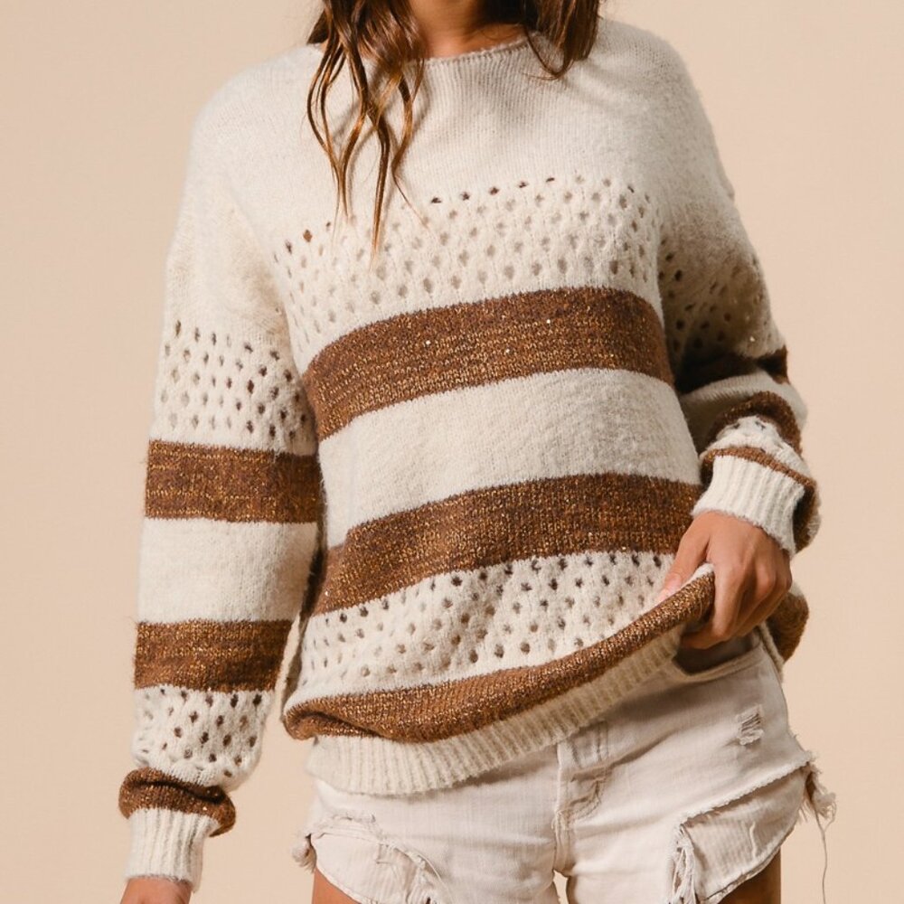 BIBI Brown Striped Knit Sweater - Oversized Slouchy Fit